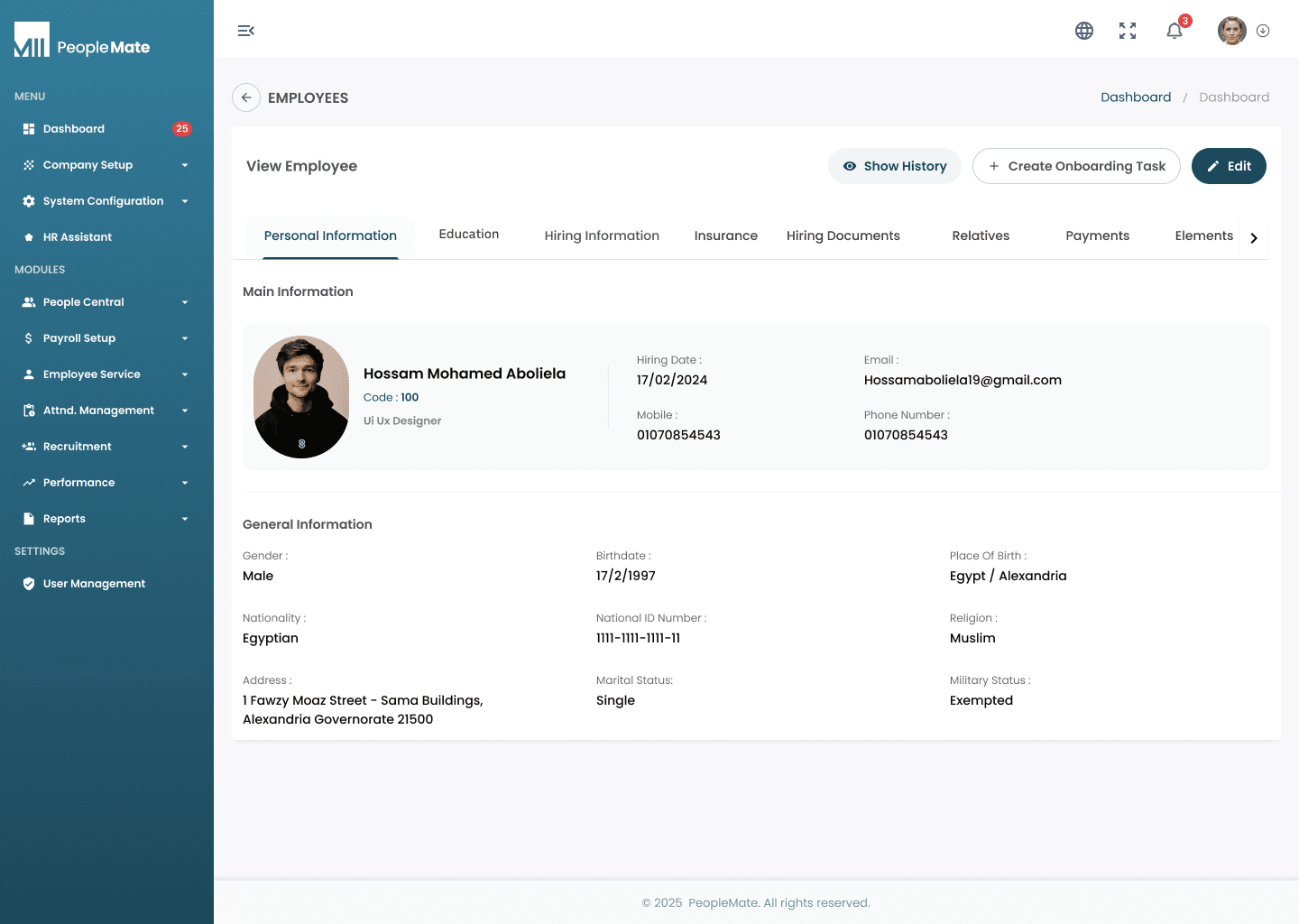PeopleMate People Central employee profile dashboard
