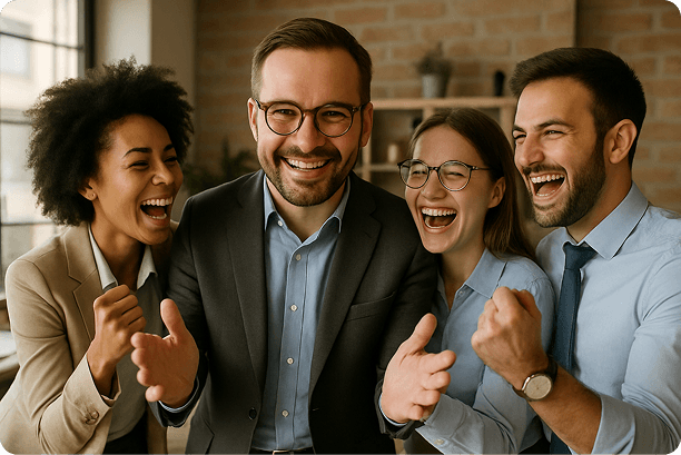 Team celebrating success together in the office