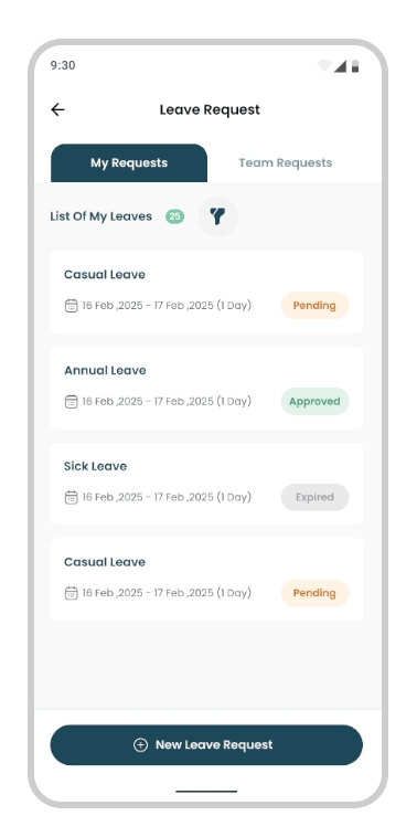 PeopleMate mobile app leave request screen